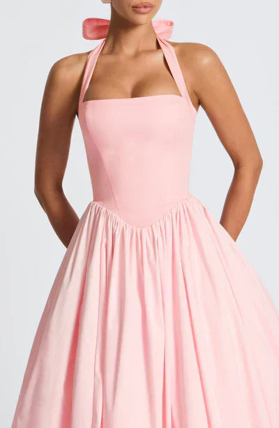 Pink Midi Halter Neck Dress with Lace-Up Back