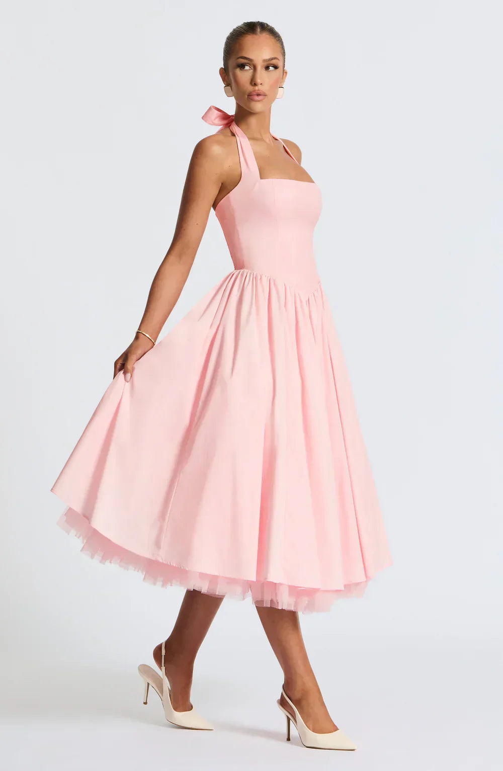 Pink Midi Halter Neck Dress with Lace-Up Back