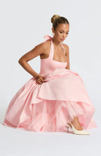 Pink Midi Halter Neck Dress with Lace-Up Back