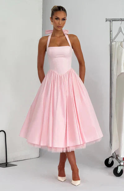 Pink Midi Halter Neck Dress with Lace-Up Back