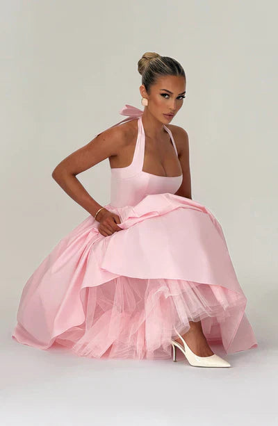 Pink Midi Halter Neck Dress with Lace-Up Back