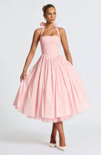 Pink Midi Halter Neck Dress with Lace-Up Back