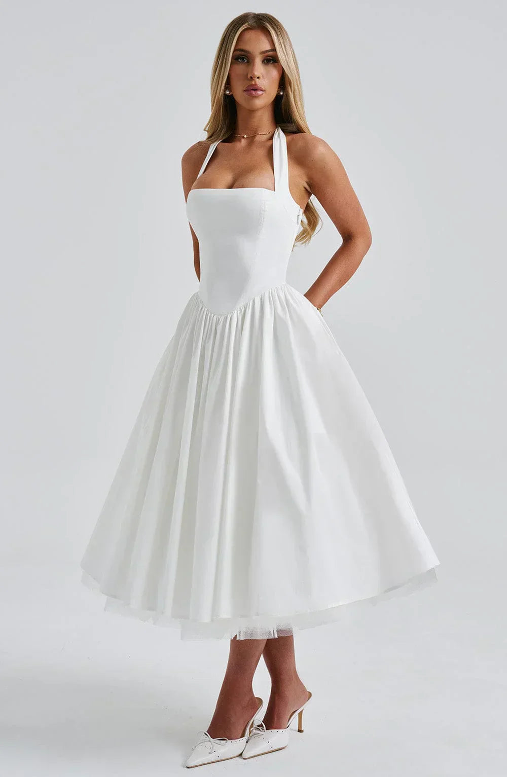 White Midi Halter Neck Dress with Lace-Up Back