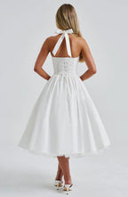 White Midi Halter Neck Dress with Lace-Up Back