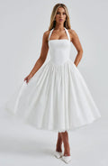 White Midi Halter Neck Dress with Lace-Up Back
