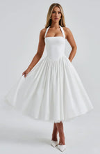 White Midi Halter Neck Dress with Lace-Up Back