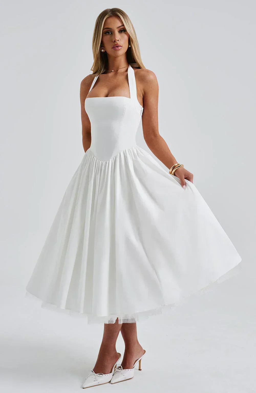 White Midi Halter Neck Dress with Lace-Up Back