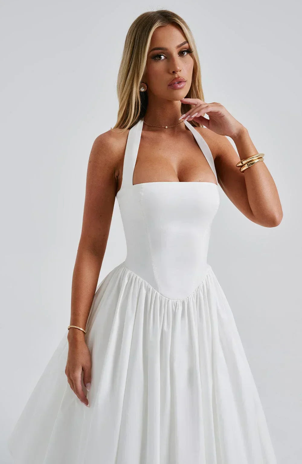 White Midi Halter Neck Dress with Lace-Up Back