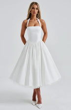 White Midi Halter Neck Dress with Lace-Up Back