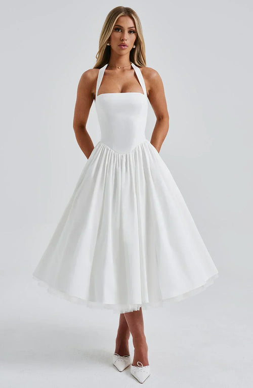 White Midi Halter Neck Dress with Lace-Up Back