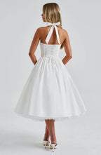 White Midi Halter Neck Dress with Lace-Up Back