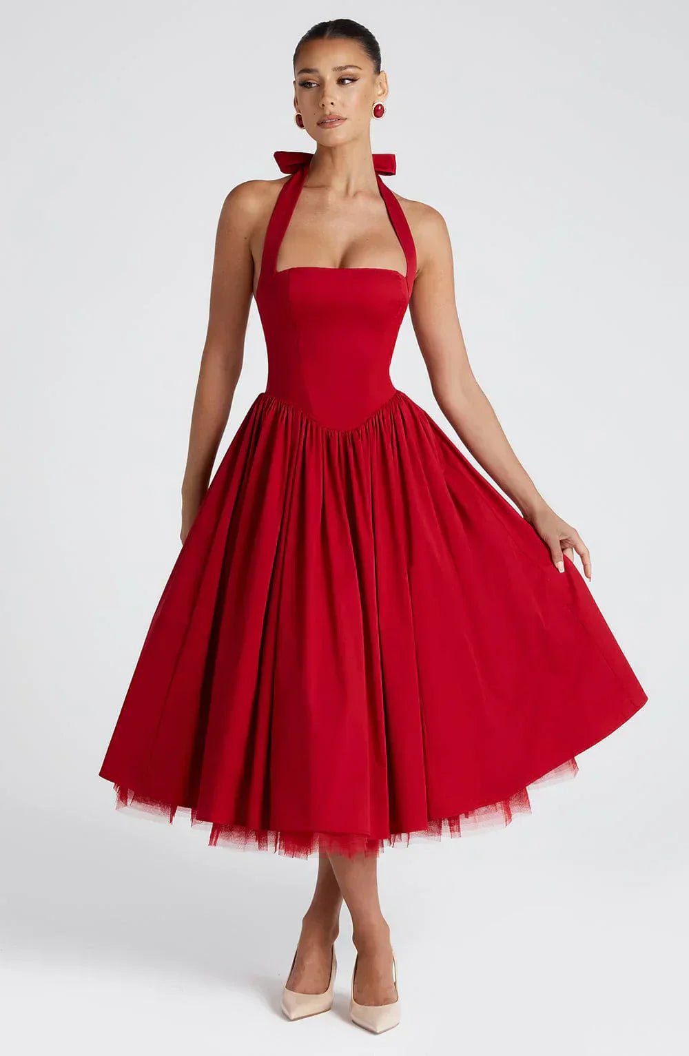 Red Midi Halter Neck Dress with Lace-Up Back