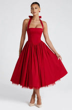 Red Midi Halter Neck Dress with Lace-Up Back