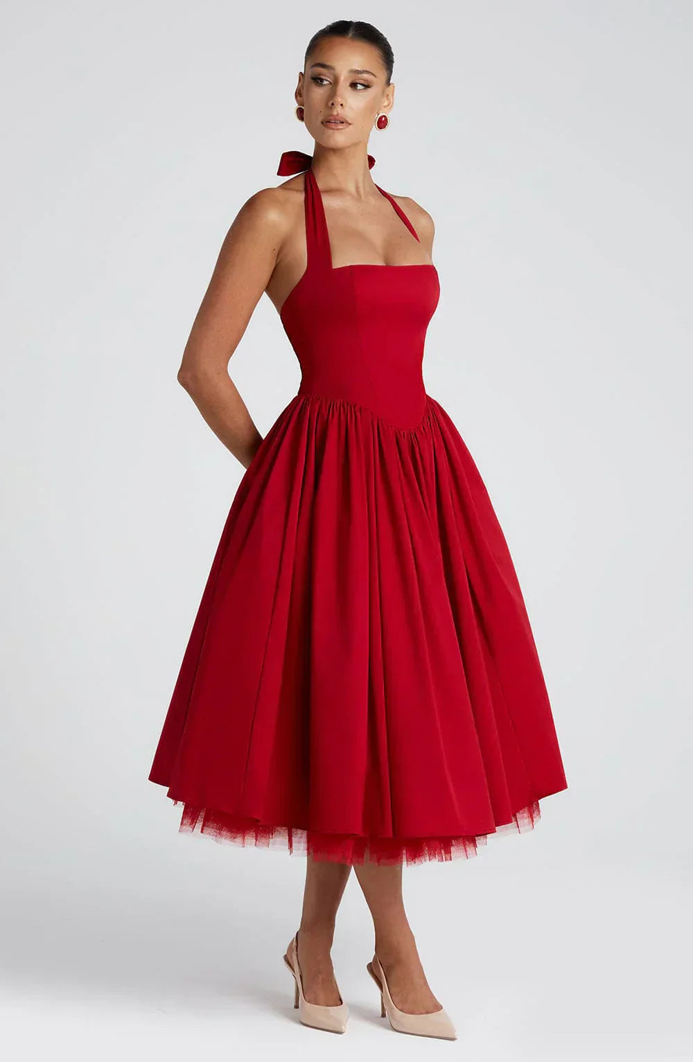Red Midi Halter Neck Dress with Lace-Up Back