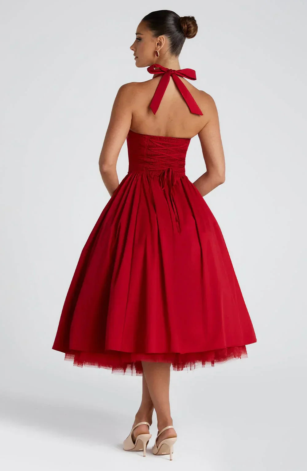 Red Midi Halter Neck Dress with Lace-Up Back