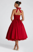 Red Midi Halter Neck Dress with Lace-Up Back