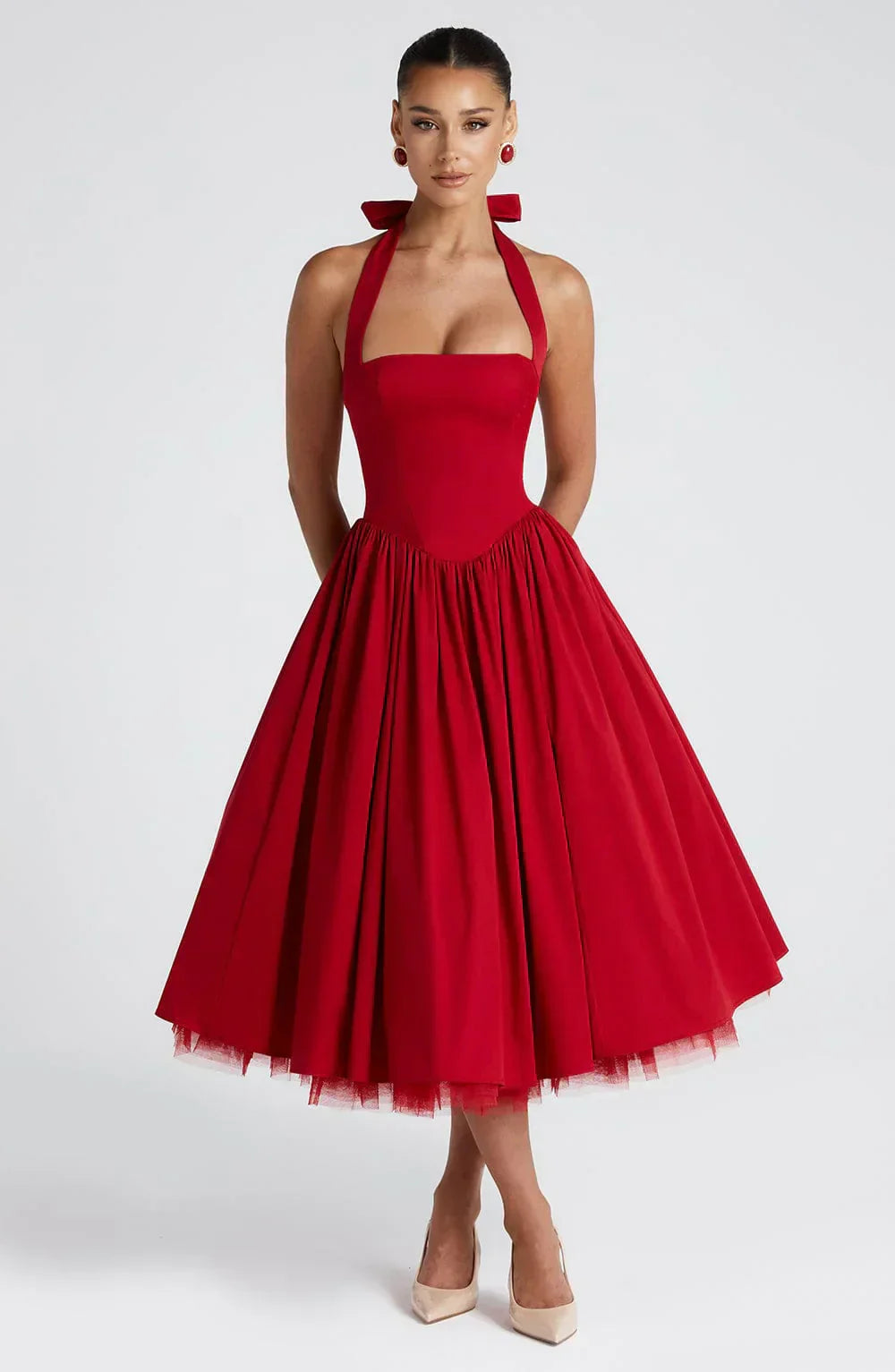 Red Midi Halter Neck Dress with Lace-Up Back