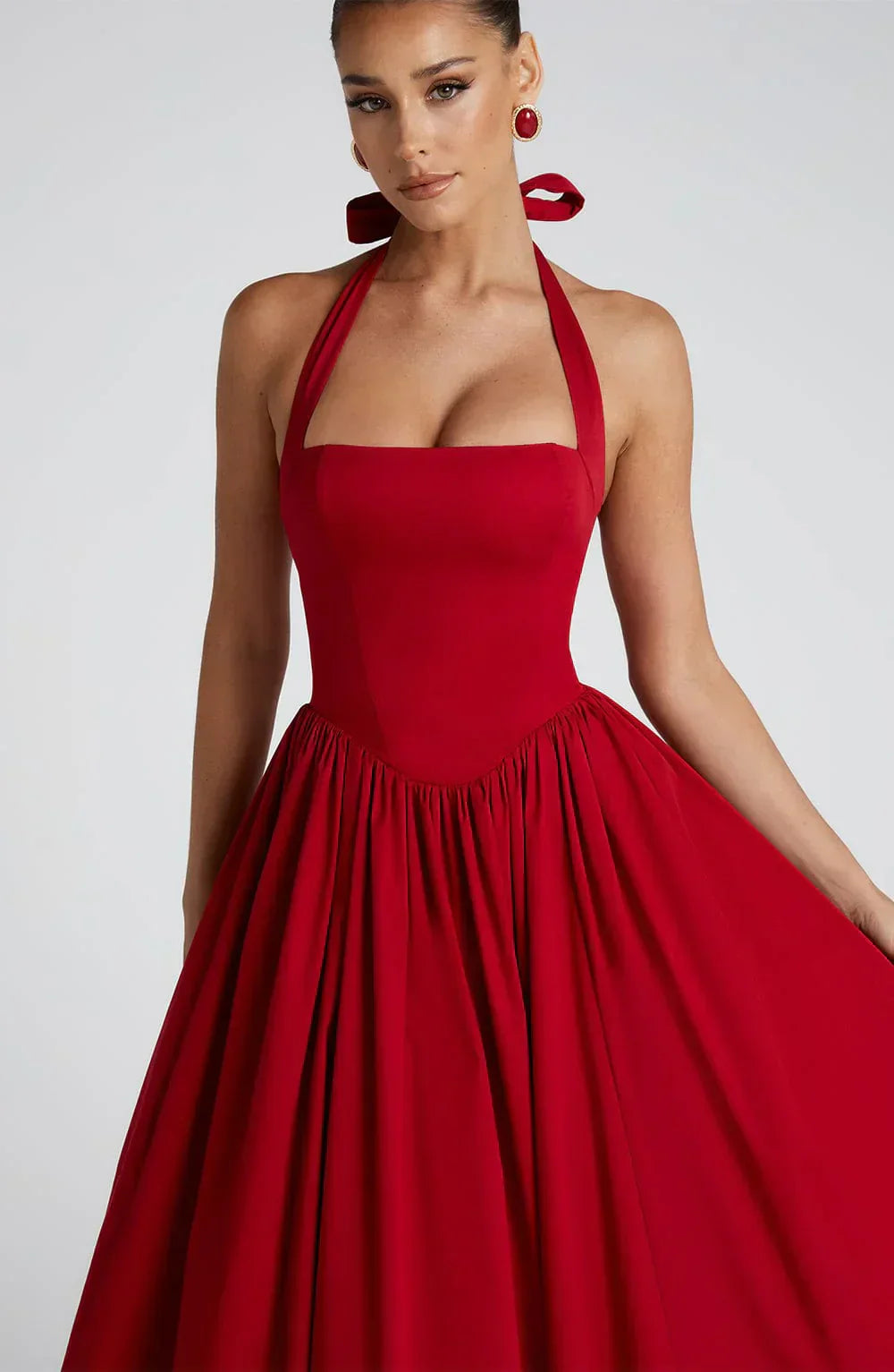 Red Midi Halter Neck Dress with Lace-Up Back