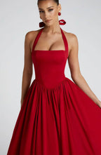 Red Midi Halter Neck Dress with Lace-Up Back