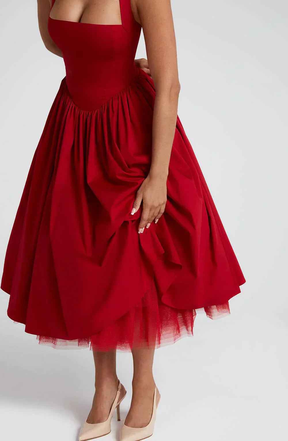 Red Midi Halter Neck Dress with Lace-Up Back