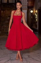 Red Midi Halter Neck Dress with Lace-Up Back