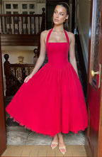 Red Midi Halter Neck Dress with Lace-Up Back
