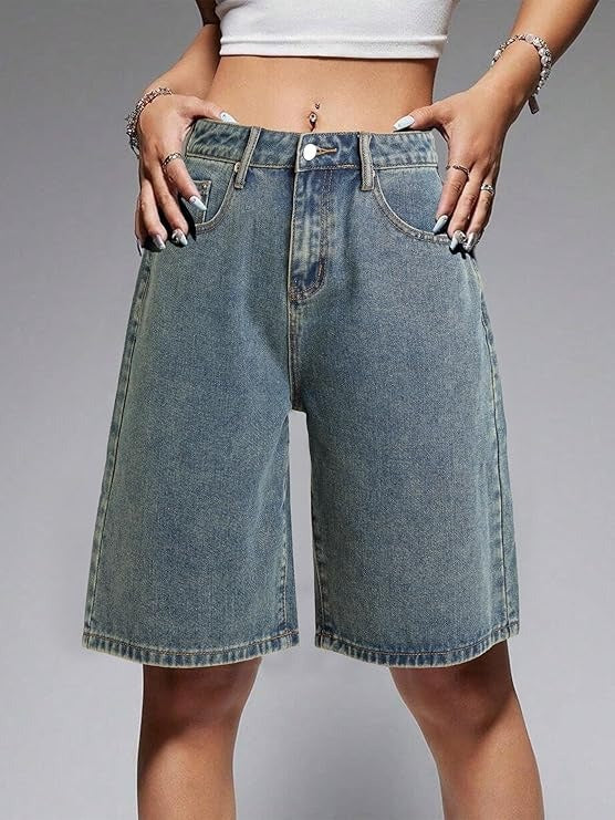 Women's Straight-Cut Denim Shorts with Cropped Length