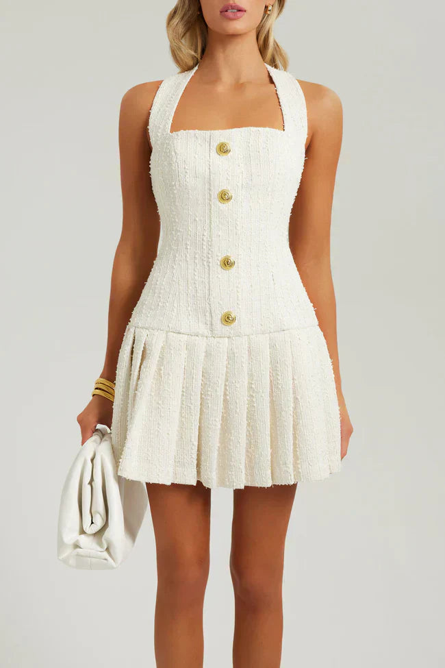 White Flare Mini Dress in Tweed Fabric