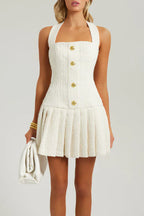 White Flare Mini Dress in Tweed Fabric