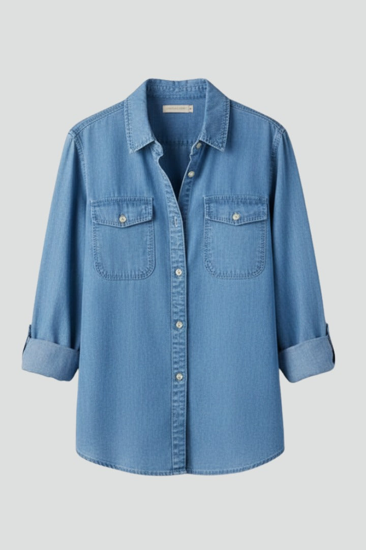 Women's Denim Button-Front Shirt with Long Sleeves