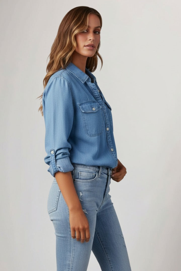 Women's Denim Button-Front Shirt with Long Sleeves