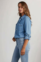 Women's Denim Button-Front Shirt with Long Sleeves