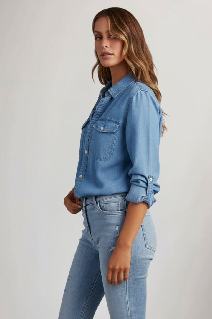 Women's Denim Button-Front Shirt with Long Sleeves