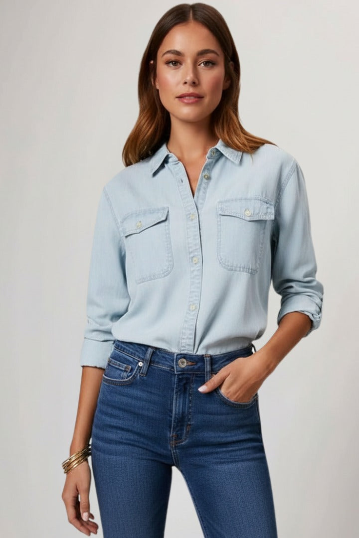 Women's Denim Button-Front Shirt with Long Sleeves
