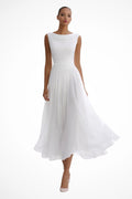 Women's Draped Pleated Midi Dress with Sleeveless Bodice