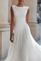 Women's Draped Pleated Midi Dress with Sleeveless Bodice