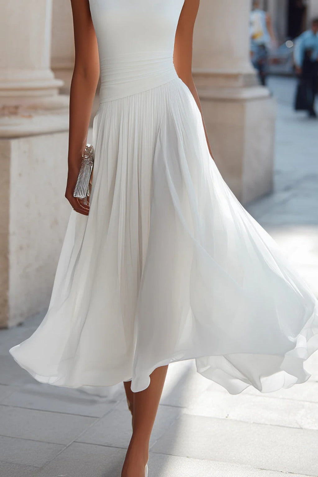 Women's Draped Pleated Midi Dress with Sleeveless Bodice