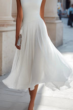 Women's Draped Pleated Midi Dress with Sleeveless Bodice