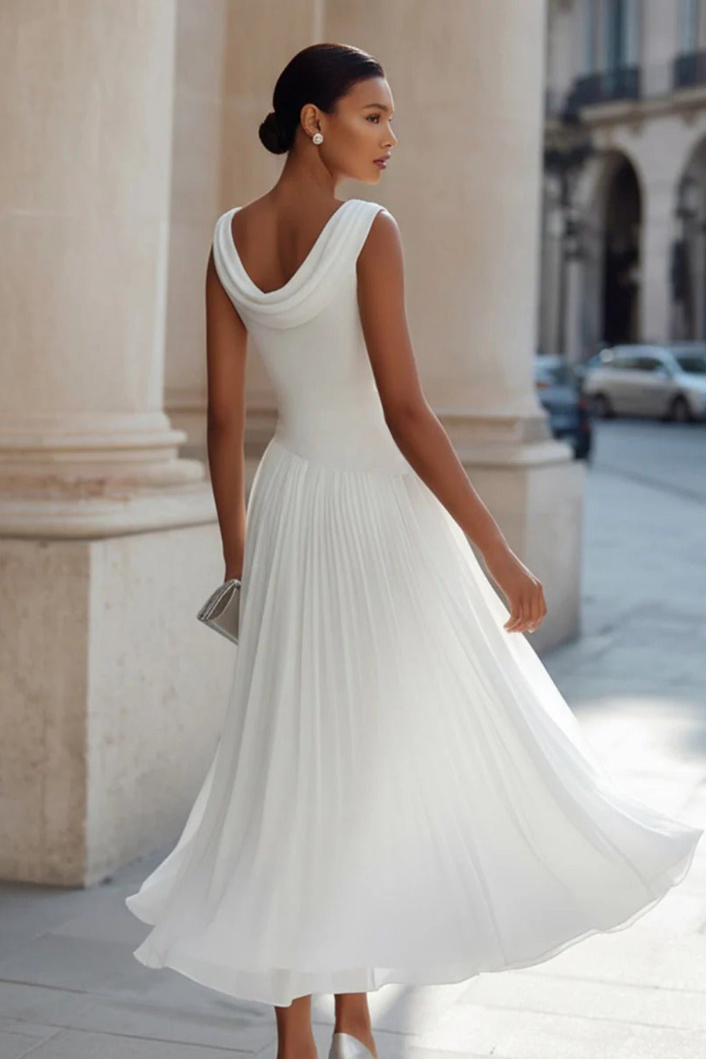 Women's Draped Pleated Midi Dress with Sleeveless Bodice