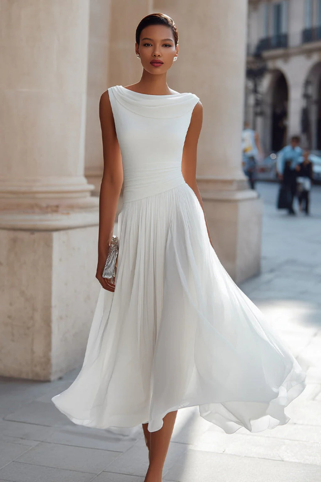 Women's Draped Pleated Midi Dress with Sleeveless Bodice