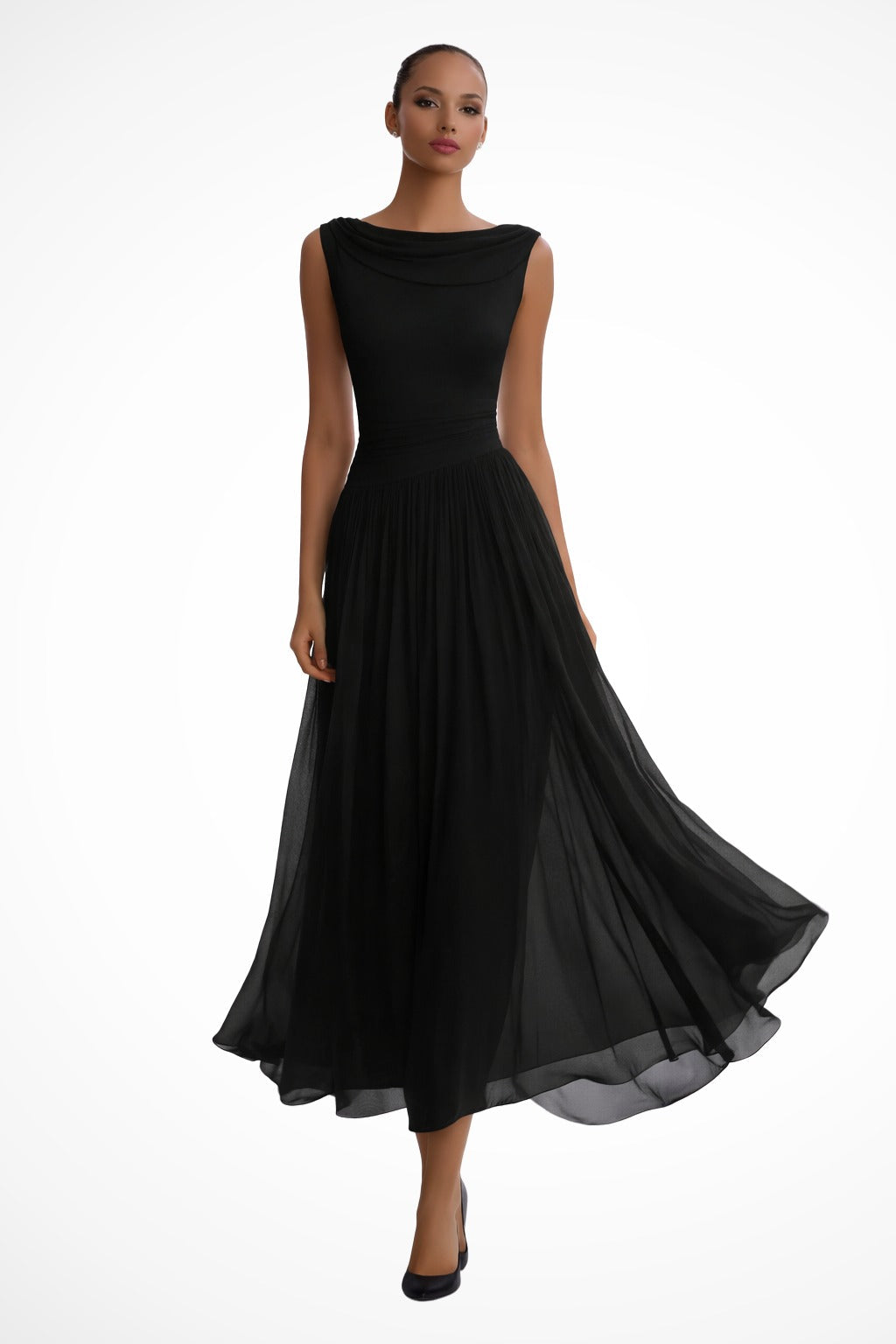 Women's Draped Pleated Midi Dress with Sleeveless Bodice