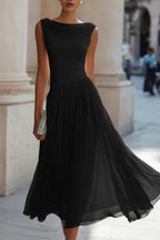 Women's Draped Pleated Midi Dress with Sleeveless Bodice