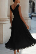 Women's Draped Pleated Midi Dress with Sleeveless Bodice