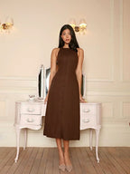 Brown Button Front Midi Dress with Cinched Waist