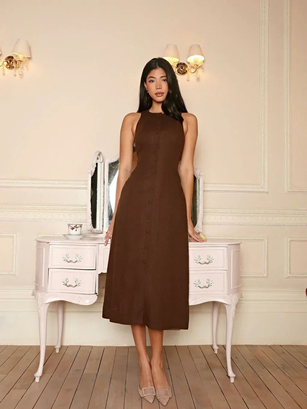 Brown Button Front Midi Dress with Cinched Waist