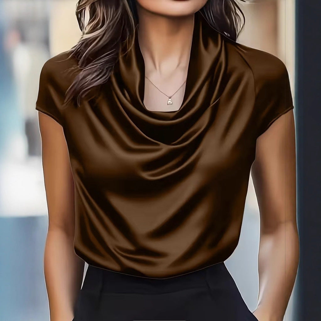 Women's Satin Blouse with Cowl Neck and Short Sleeves