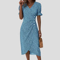 Women's Floral Midi Dress with V-Neck and Puff Sleeves