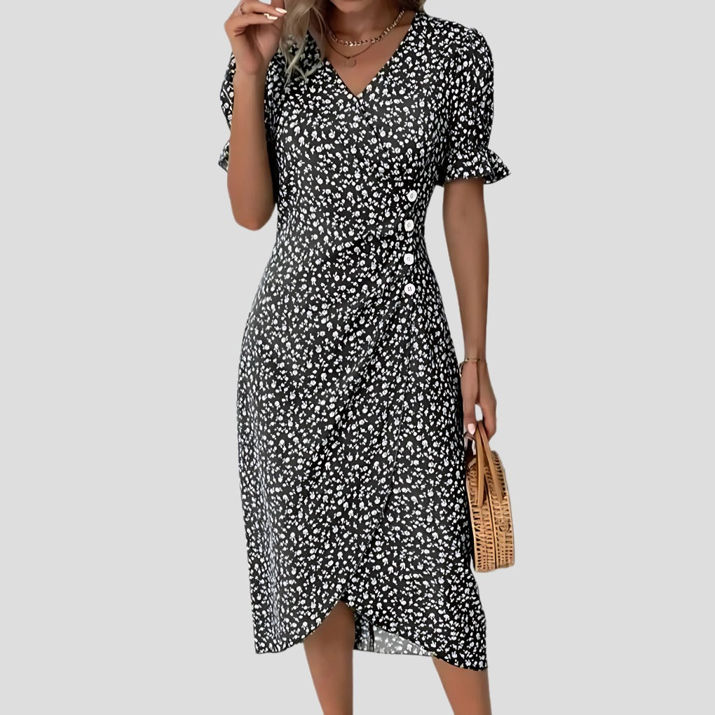 Women's Floral Midi Dress with V-Neck and Puff Sleeves