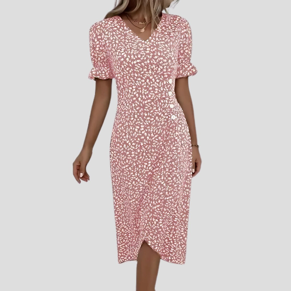 Women's Floral Midi Dress with V-Neck and Puff Sleeves