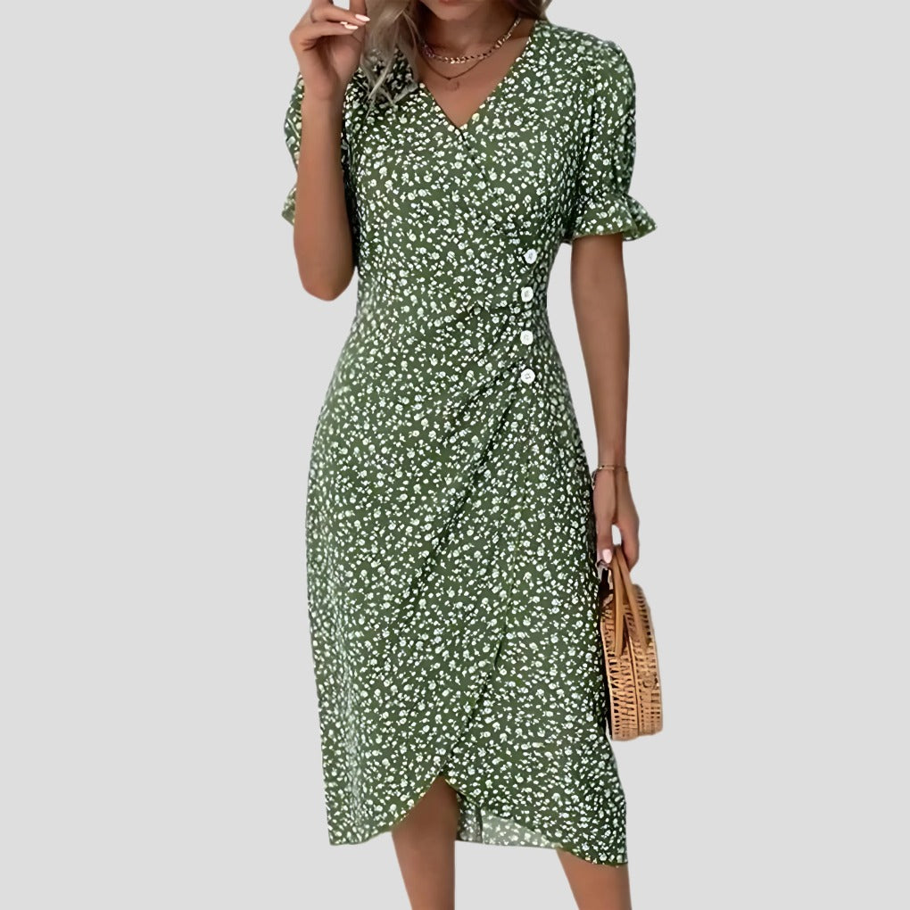 Women's Floral Midi Dress with V-Neck and Puff Sleeves